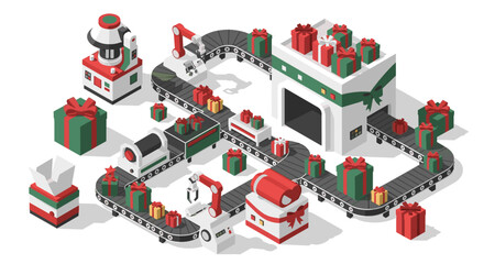 Fototapeta premium Isometric christmas gift factory with conveyor belts and festive packages
