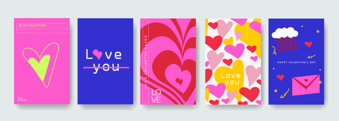 Valentine's Day Cards Design. Modern colorful typography vector. Minimalist hearts in blue, pink, red, yellow color. Art design for presentations, greeting card, invitation, calendar, social media.