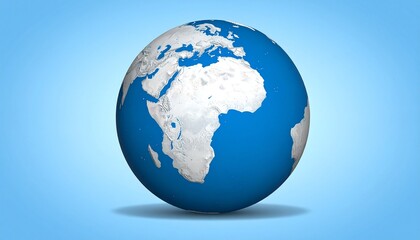 3D globe with white continents on blue ocean, set against light blue background, symbolizing global perspective.