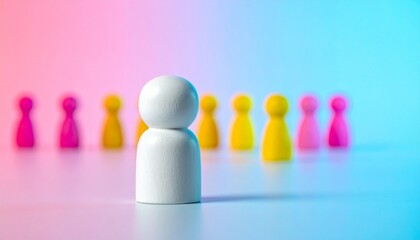White pawn stands apart from colorful row on gradient background, symbolizing individuality and focus.