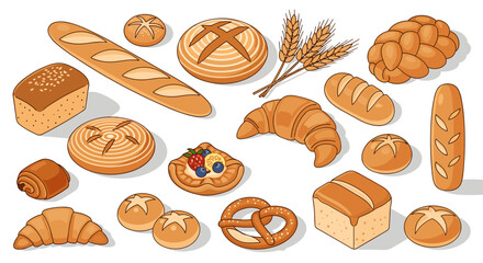 Assorted bakery goods with breads, pastries, and wheat in colorful flat design