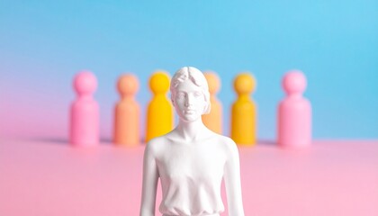 White pawn stands apart from colorful row on gradient background, symbolizing individuality and focus.