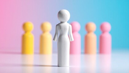 White pawn stands apart from colorful row on gradient background, symbolizing individuality and focus.