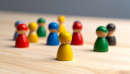 Colorful pawns on wood surface, one isolated in front, symbolizing individuality and group dynamics.