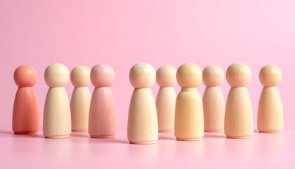 Colorful wooden figurines arranged in rows on pink surface, symbolizing diversity and community.