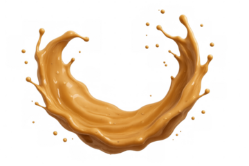 Caramel liquid splash with droplets creating a dynamic swirl, representing sweet and creamy flavor on transparent