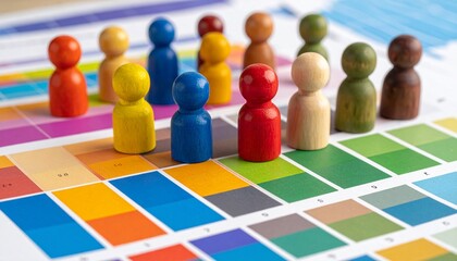Colorful pawns on a color grid with circular wheel, symbolizing visual harmony and diversity.