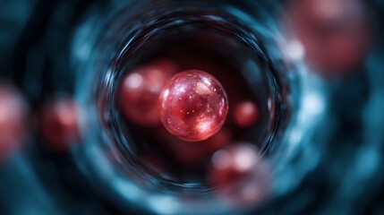 Abstract visualization of glowing red particles or cells within a dark swirling cellular or cosmic structure