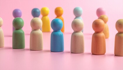 Colorful wooden figurines arranged in rows on pink surface, symbolizing diversity and community.