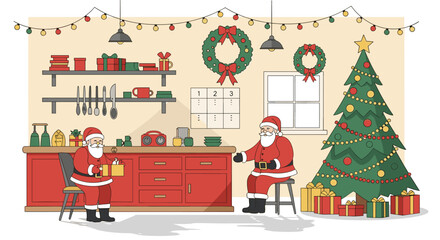 Cozy christmas kitchen with santa, gifts, tree, wreaths, and festive decor