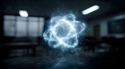 A glowing abstract atomic model with swirling energy particles hovers in a futuristic dark classroom symbolizing scientific concepts and advanced
