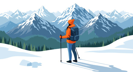 Mountain adventure: hiker exploring snowy peaks in vibrant winter landscape