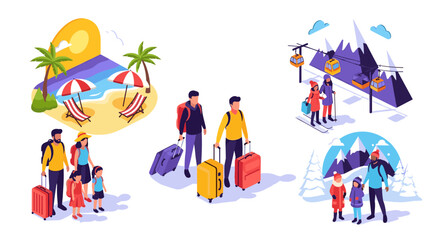 Naklejka premium Family vacations in summer and winter: beach and ski adventures with luggage