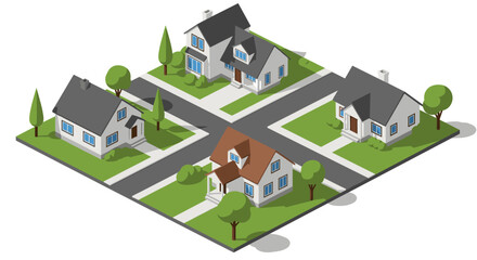 Isometric neighborhood layout with four houses and roads