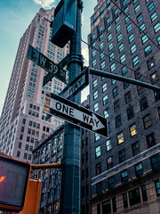 Close up view of a One Way Sign in Midtown Manhattan