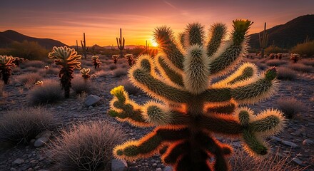 Desert Sunset - A Cholla Cactus Silhouette Against the Arizona Sky.