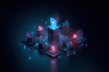 Cybersecurity Network Infrastructure: Isometric Illustration of Data Center Security with Glowing Shields for Protecting Digital Assets and Information