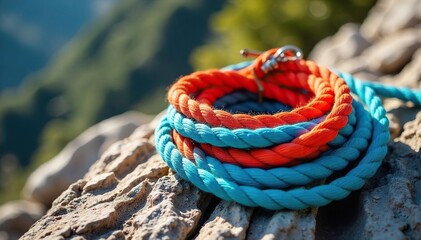 Vibrant Climbing Rope Coiled on Rocky Outcrop, Ready for Adventure.  Sharp Focus on Texture and Color, Ideal for Active Lifestyle and Outdoor Adventure Stock Photography.