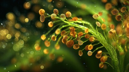 Plant life a vibrant green stem with orange bud-like spheres and magical soft bokeh