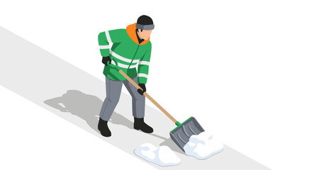 Obraz premium Snow removal worker in isometric style with shovel on sidewalk