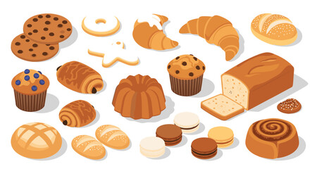 Isometric bakery delights: diverse baked goods collection featuring pastries and bread