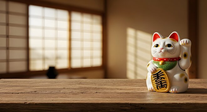 Maneki neko lucky cat figurine on wooden table symbolizing prosperity, good fortune, and positive energy in Japanese culture.