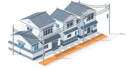 Charming japanese residential street in isometric view with traditional houses and power lines