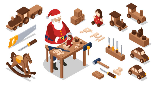 Santa crafting wooden toys in workshop isometric style
