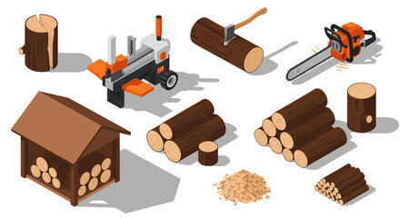 Isometric logging tools and equipment: chainsaw, logs, wood pile, wood chips