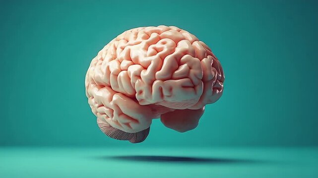 Floating human brain model on turquoise background