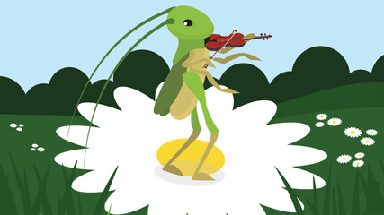 Green frog playing the violin in the meadow. Vector illustration.