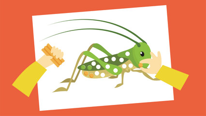 Grasshopper on a sheet of paper. Vector illustration.