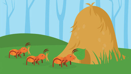 Ants and haystacks in the forest. Vector illustration.