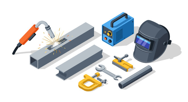 Isometric welding tools set with helmet and equipment for metalwork