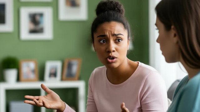 Woman looking confused and gesturing while talking to friend