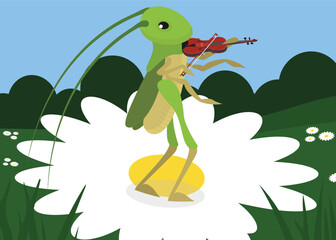 Turtle playing the violin on a white flower. Vector illustration.