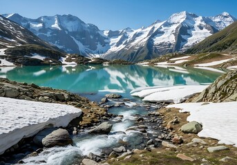 Obraz premium Alpine Lake Serenity - Snow-Capped Peaks Reflecting in Turquoise Waters.