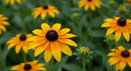 Vibrant Black-Eyed Susan Flowers Blooming in a Lush Green Garden.