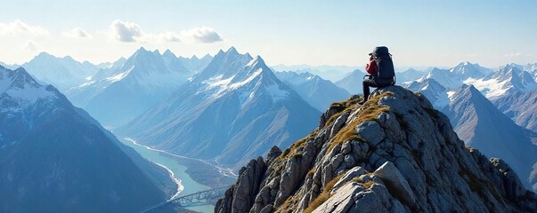 Conquered Summit Backpack on Snow-Capped Peak Overlooking Majestic Valley