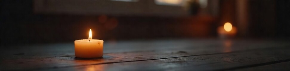 Serene Candlelight Glow A Peaceful Still Life of a Flickering Candle on Dark Wood, Perfect for Relaxation and Meditation