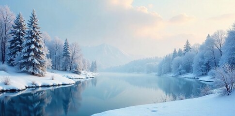 Serene Winter Wonderland Frosted Forest and Tranquil Frozen Lake Reflecting a Pale Sky - Ideal for Holiday or Nature Themes
