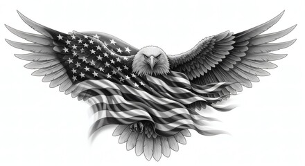 Patriotic Bald Eagle and American Flag Grayscale Vector