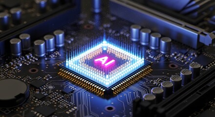 The heart of artificial intelligence, a powerful glowing processor chip on a computer motherboard symbolizing future technology