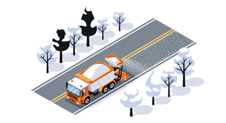 Snow plow on winter road with trees in isometric style