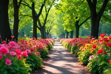 Colorful Flowerbeds Burst Forth in Picturesque Park, Vibrant Summer Scenery Perfect for Spring and Summer Themes