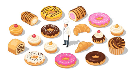 Isometric dessert variety with chef surrounded by donuts and pastries