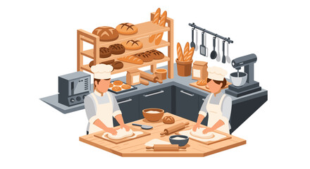 Bakery chefs kneading dough in modern kitchen with bread and baking tools