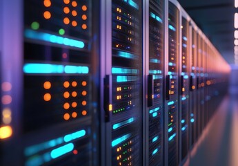 Fototapeta premium Futuristic data center with glowing orange and blue server lights representing AI and IT cloud computing systems, ideal for digital infrastructure, cybersecurity, and technology visuals