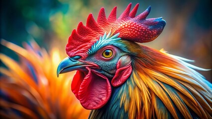Fototapeta premium Majestic Rooster Head Close-Up: Vibrant Red Comb and Beak Stock Photo