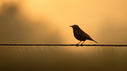 Small bird silhouette perched on a wire with a golden, out-of-focus background